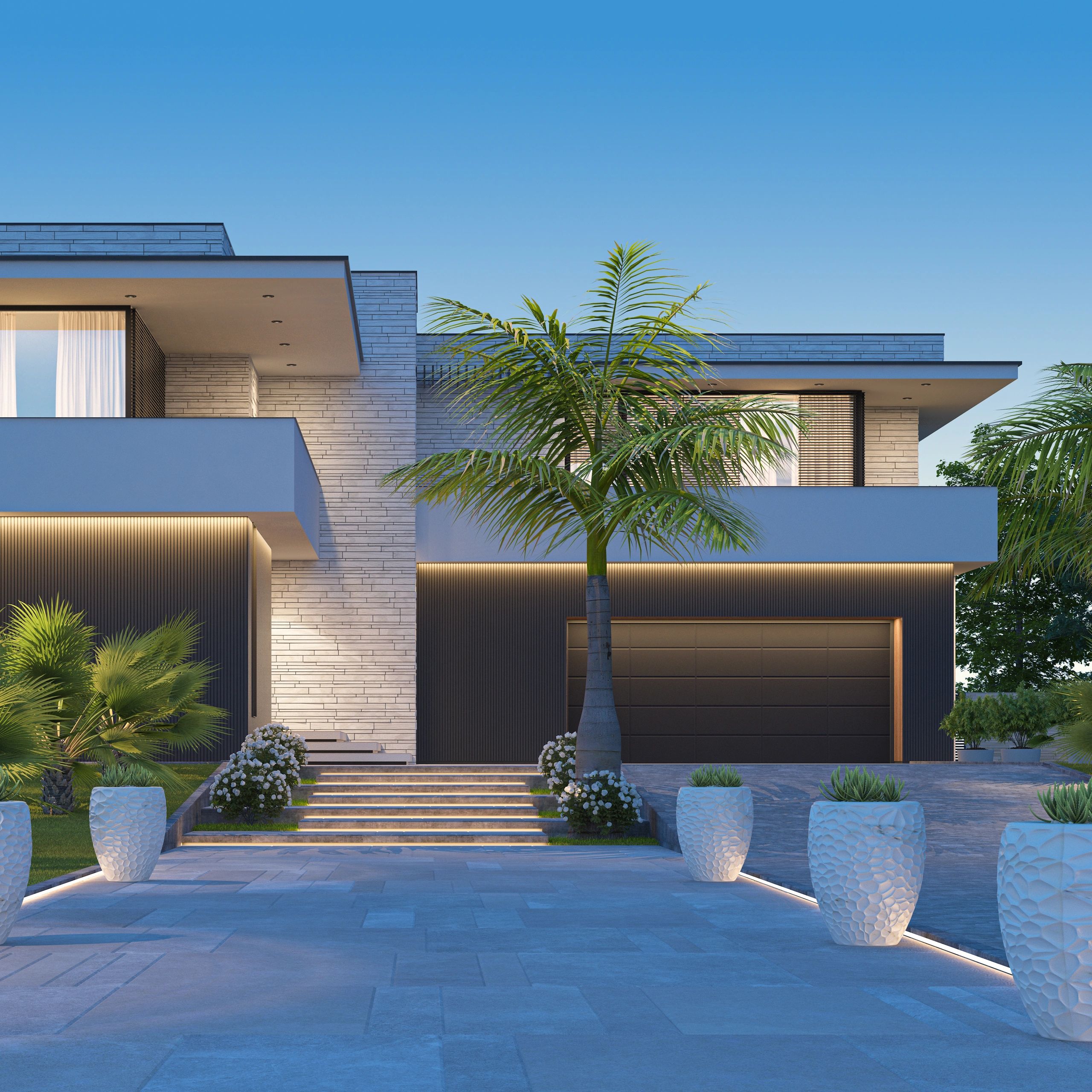 Contemporary luxury home with landscaped entrance